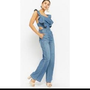 Sexy Denim Ruffled overalls with Open Back